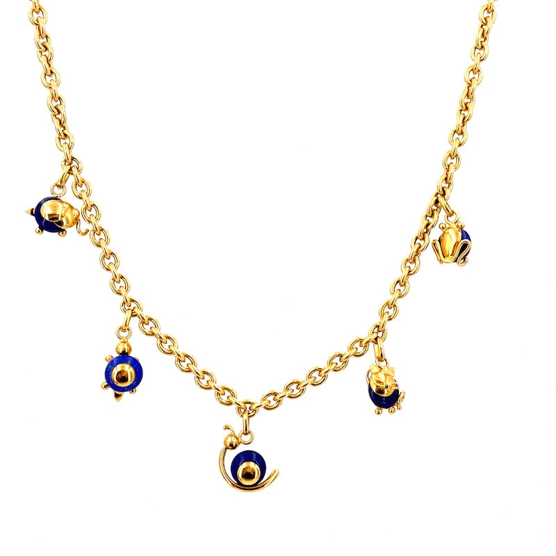 Collana catena oro giallo, charms animaletti e lapis; 45.5 cm - 18.8 gr.