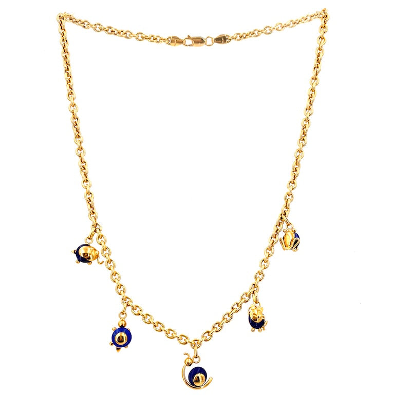 Collana catena oro giallo, charms animaletti e lapis; 45.5 cm - 18.8 gr.