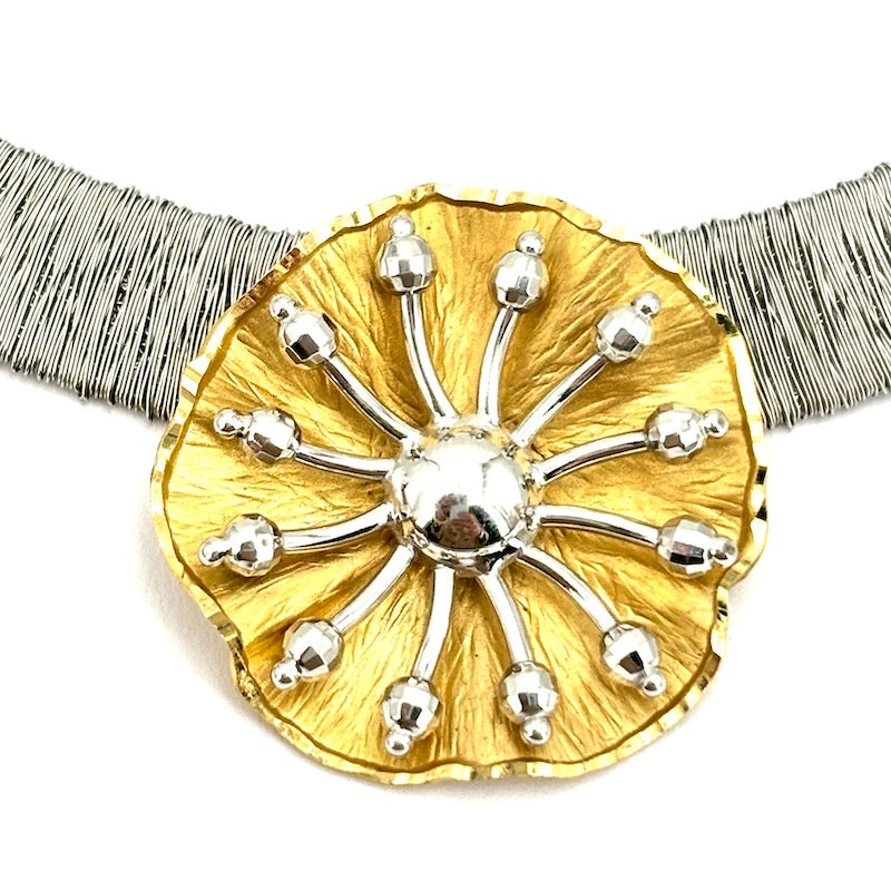 Collana collier girocollo con centrale design, oro bianco e giallo; 43.5 cm, 30.06 gr