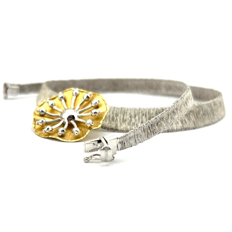 Collana collier girocollo con centrale design, oro bianco e giallo; 43.5 cm, 30.06 gr