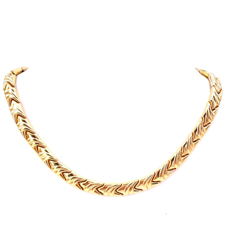 Collana collier oro giallo e bianco, girocollo semirigido double face; 39 cm, 45.6 gr