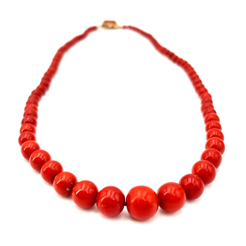 Collana corallo a sfere, a scalare e oro - 50.46 gr; 60 cm