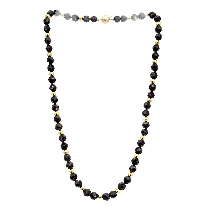 Collana granati vintage e boulle oro; 64.53 gr, 56 cm
