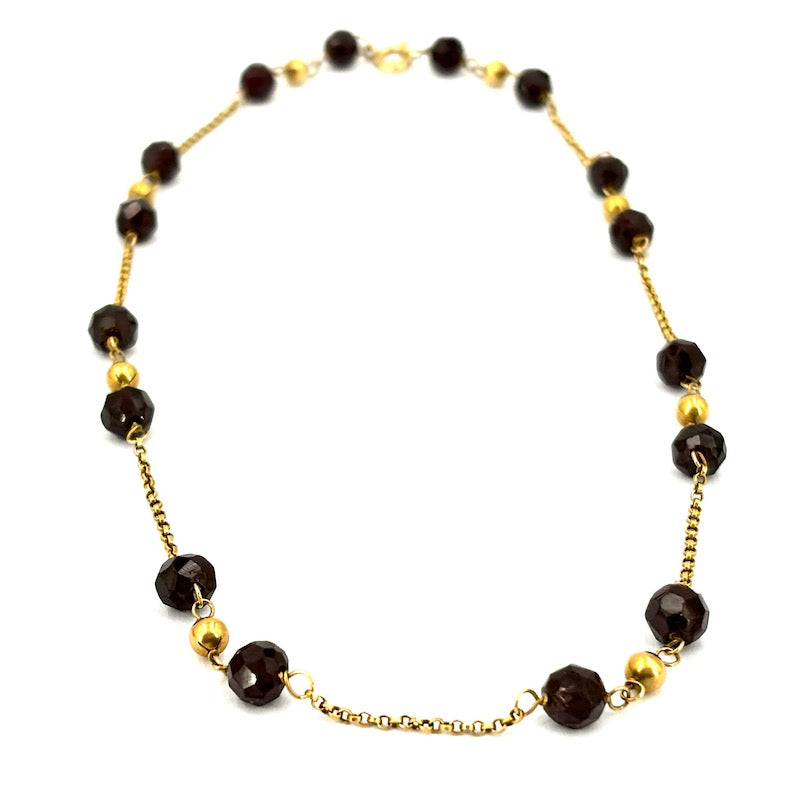 Collana granato e catena alternata oro, vintage - 46 cm; 16.2 gr