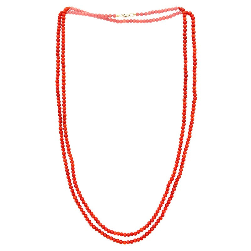 Collana lunga microsfere corallo, oro - 122 cm; 25.93 gr