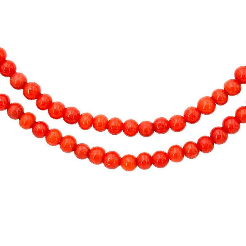 Collana lunga microsfere corallo, oro - 122 cm; 25.93 gr