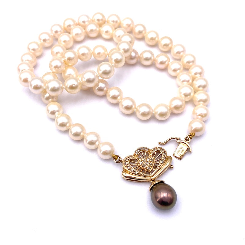 Collana perle giapponesi, perla tahitiana, susta in stile diamanti e oro - 46 cm; 31.74 gr