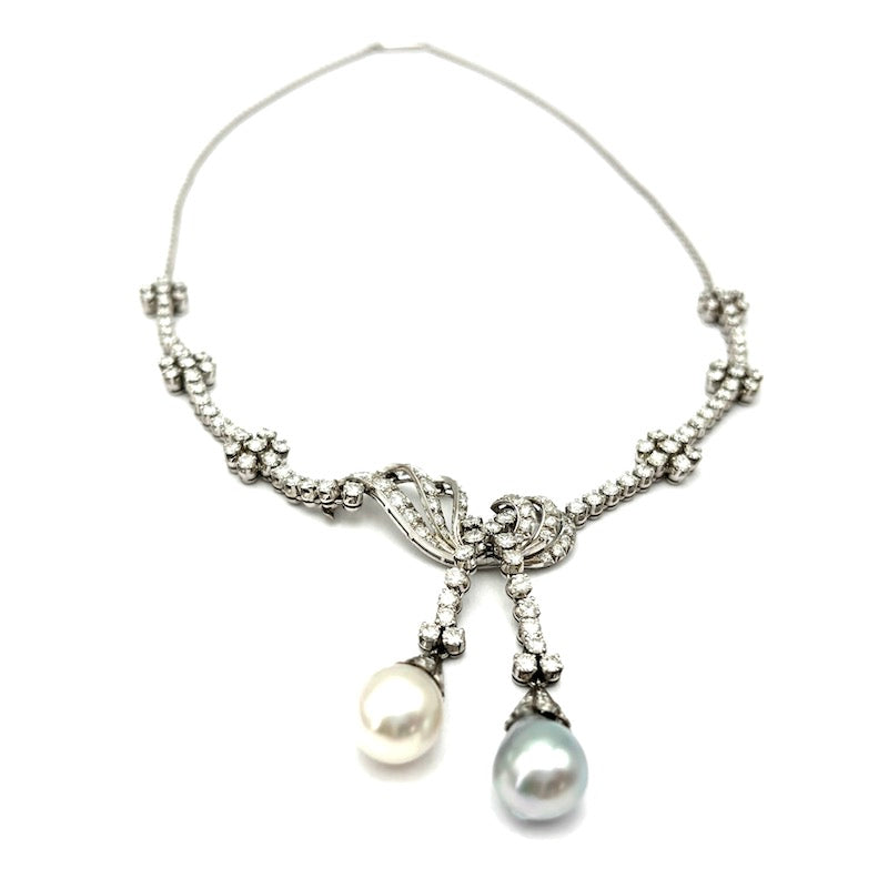 Collana principesca brillanti, perle bianca e grey e oro - 45 cm