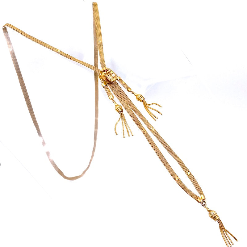 Collana saliscendi antica, oro e microperle; 120 cm, 53.84 gr