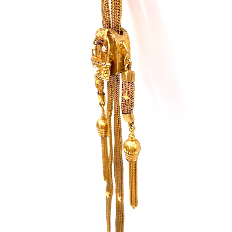 Collana saliscendi antica, oro e microperle; 120 cm, 53.84 gr