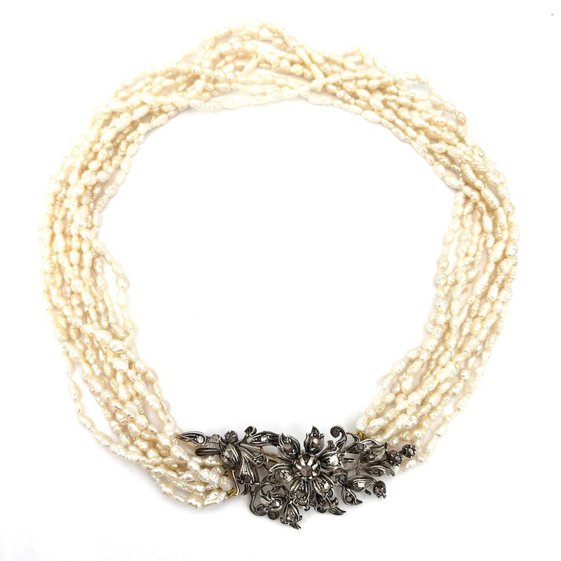 Collana torchon 10 fili microperle e susta d'epoca diamanti - 42 cm; 92.26 gr