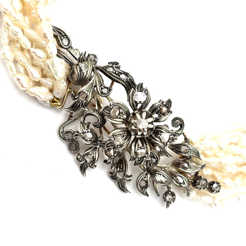 Collana torchon 10 fili microperle e susta d'epoca diamanti - 42 cm; 92.26 gr