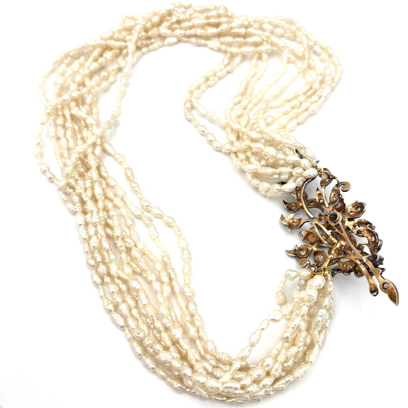 Collana torchon 10 fili microperle e susta d'epoca diamanti - 42 cm; 92.26 gr