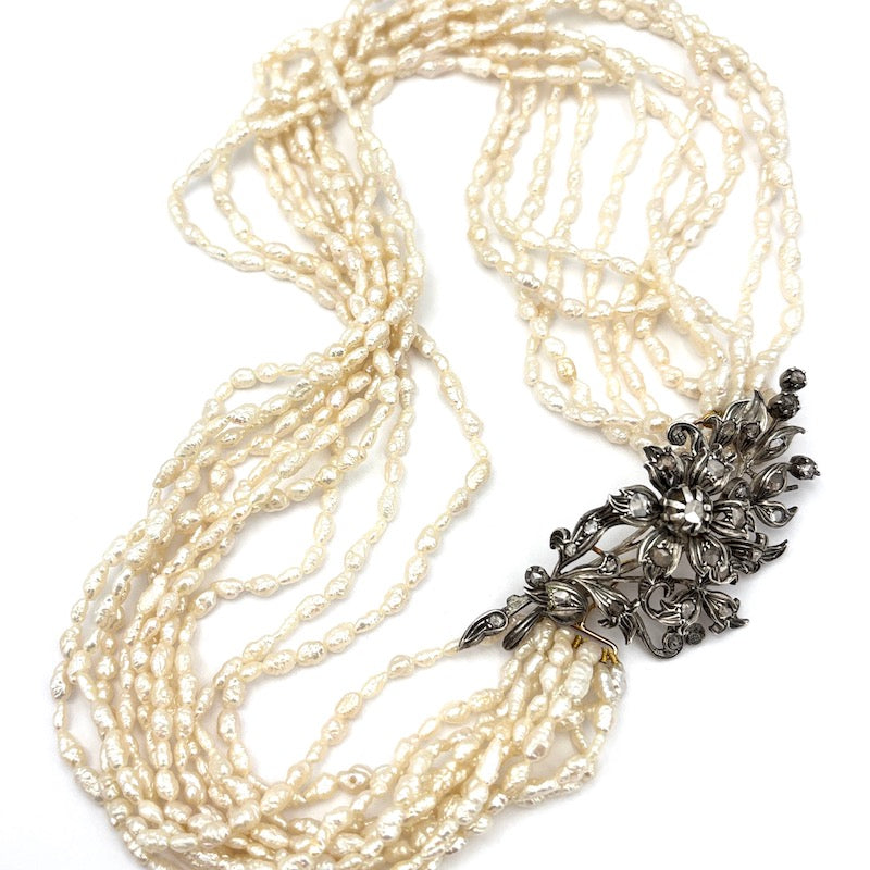 Collana torchon 10 fili microperle e susta d'epoca diamanti - 42 cm; 92.26 gr