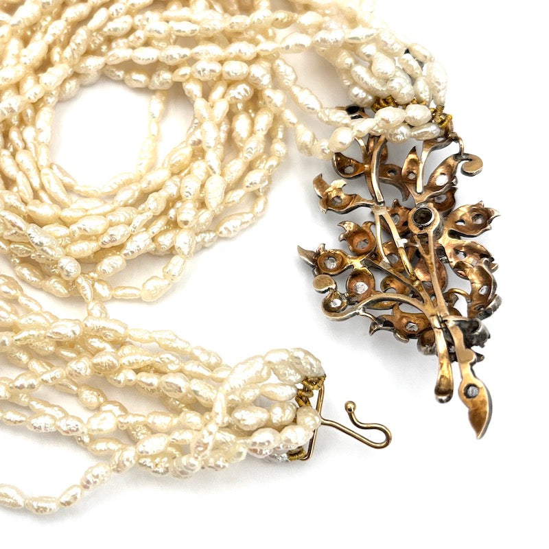 Collana torchon 10 fili microperle e susta d'epoca diamanti - 42 cm; 92.26 gr