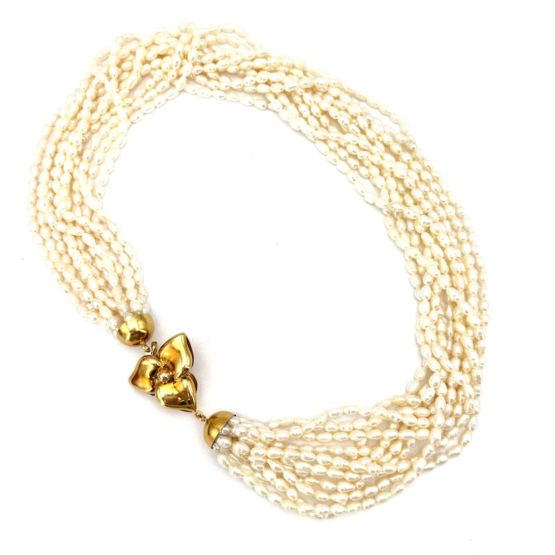 Collana torchon 11 fili microperle e trifoglio oro - 48 cm; 108.5 gr