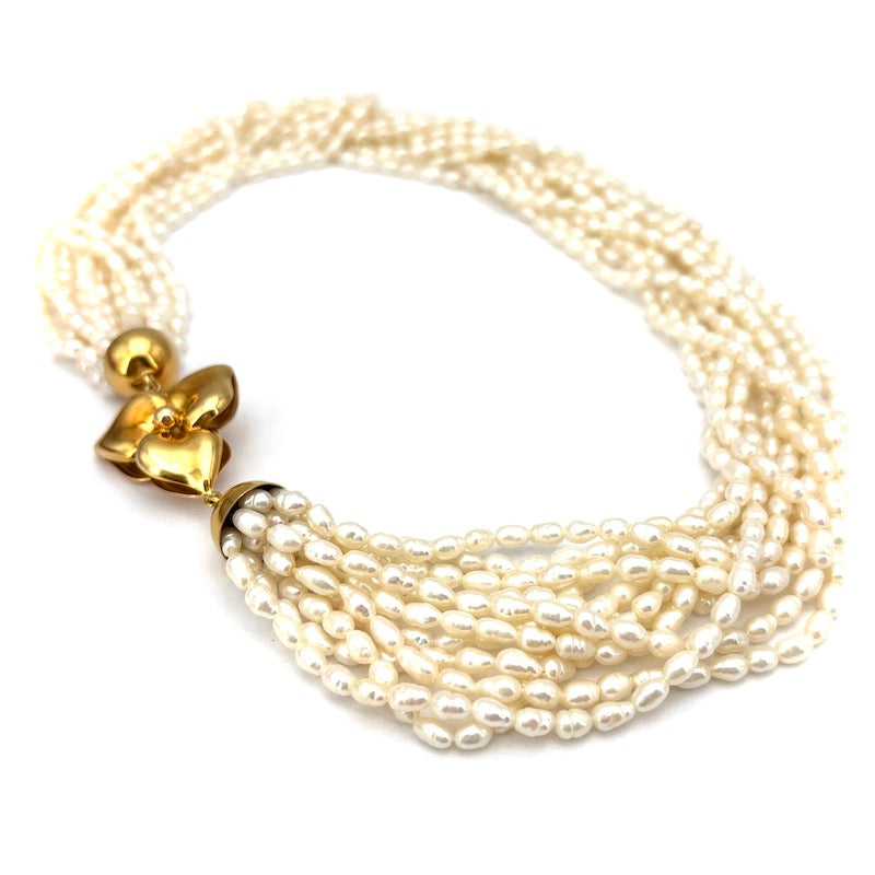 Collana torchon 11 fili microperle e trifoglio oro - 48 cm; 108.5 gr