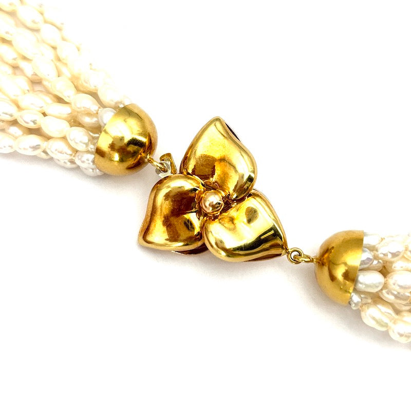 Collana torchon 11 fili microperle e trifoglio oro - 48 cm; 108.5 gr