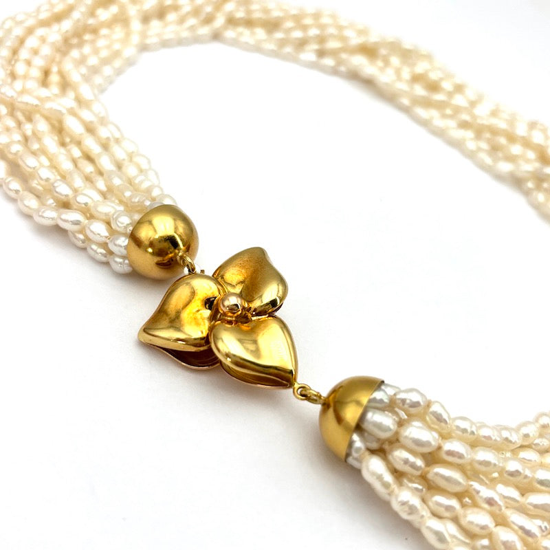 Collana torchon 11 fili microperle e trifoglio oro - 48 cm; 108.5 gr