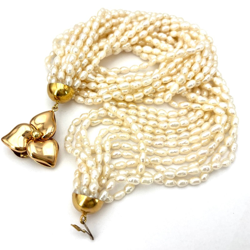 Collana torchon 11 fili microperle e trifoglio oro - 48 cm; 108.5 gr