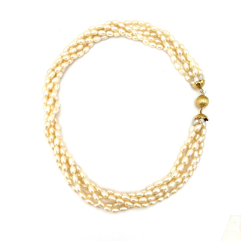 Collana torchon 5 fili microperle e oro - 42 cm; 56.15 gr