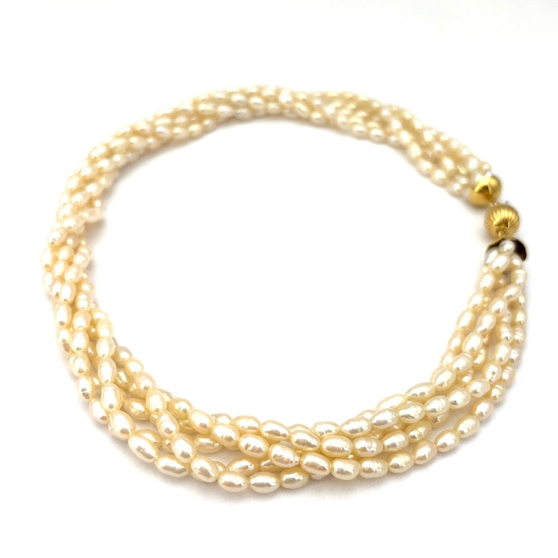 Collana torchon 5 fili microperle e oro - 42 cm; 56.15 gr