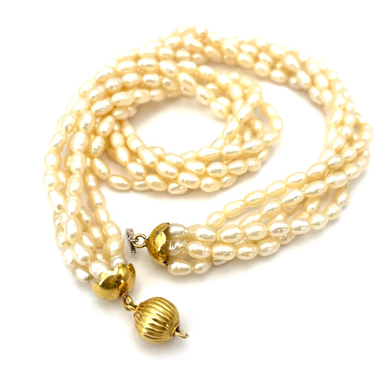 Collana torchon 5 fili microperle e oro - 42 cm; 56.15 gr