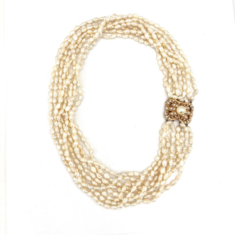 Collana torchon 8 fili perle di fiume e oro - 43 cm; 69.53 gr