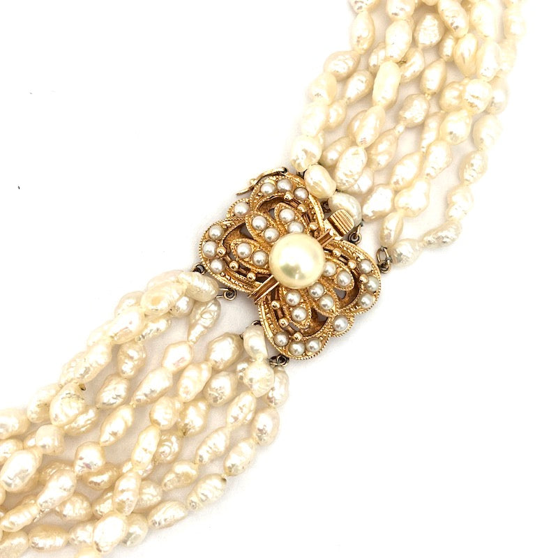Collana torchon 8 fili perle di fiume e oro - 43 cm; 69.53 gr