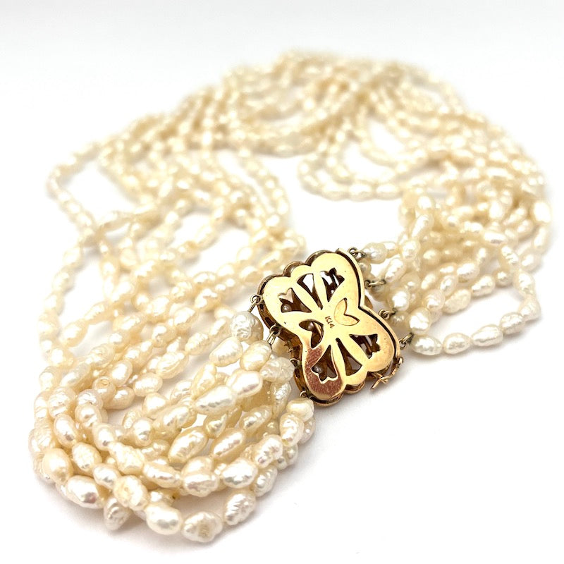 Collana torchon 8 fili perle di fiume e oro - 43 cm; 69.53 gr