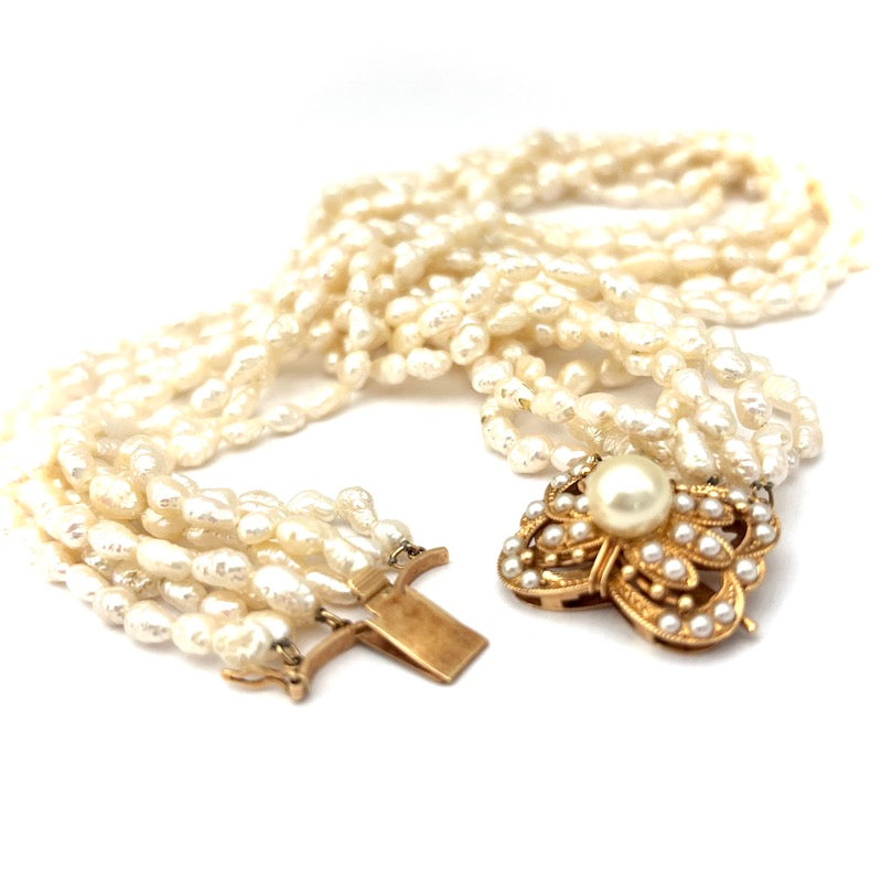 Collana torchon 8 fili perle di fiume e oro - 43 cm; 69.53 gr