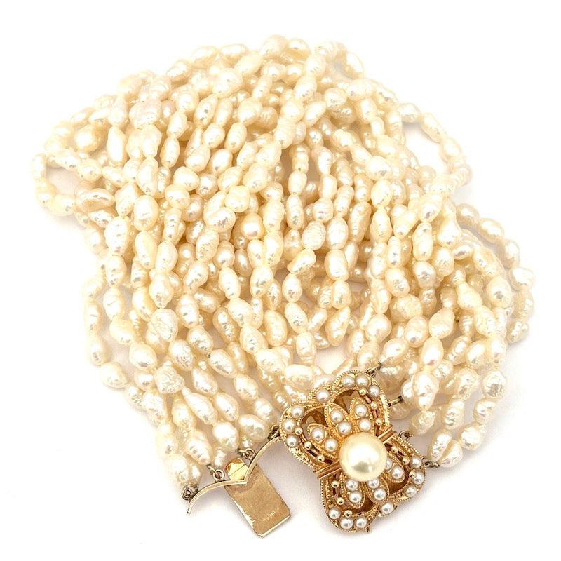 Collana torchon 8 fili perle di fiume e oro - 43 cm; 69.53 gr