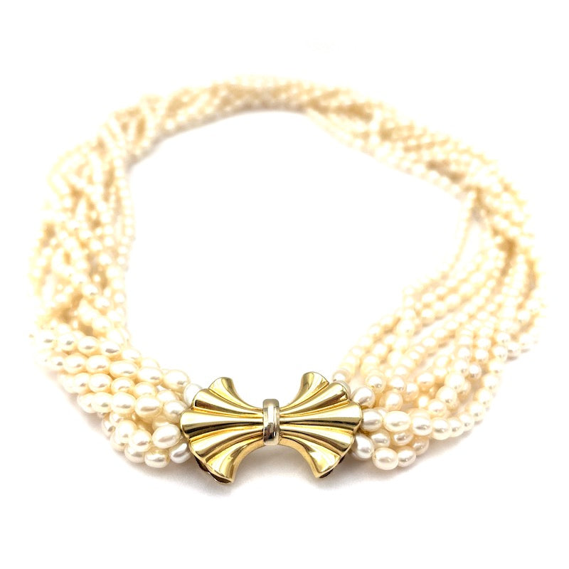 Collana torchon 9 fili microperle e fiocco oro - 54 cm; 128 gr
