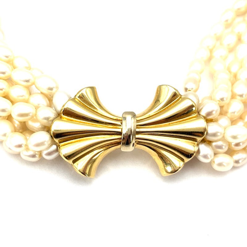 Collana torchon 9 fili microperle e fiocco oro - 54 cm; 128 gr