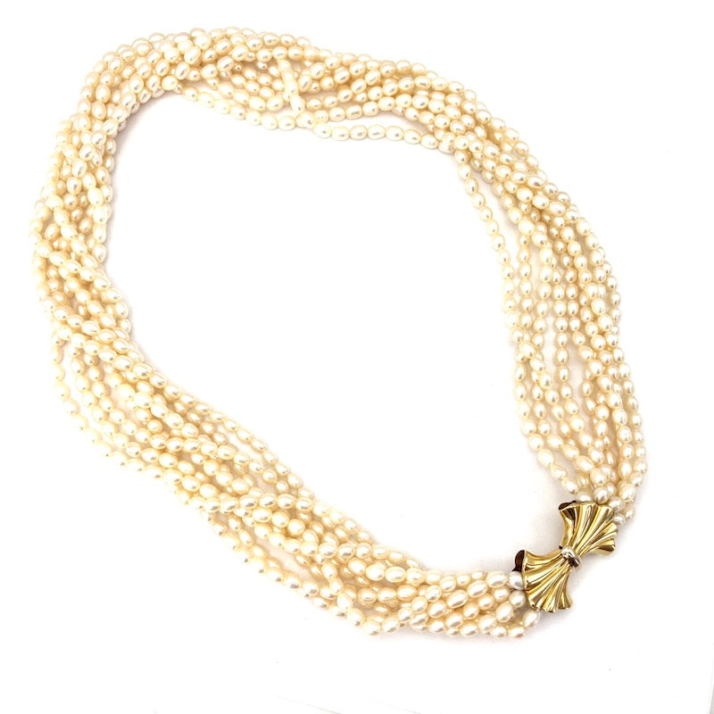 Collana torchon 9 fili microperle e fiocco oro - 54 cm; 128 gr