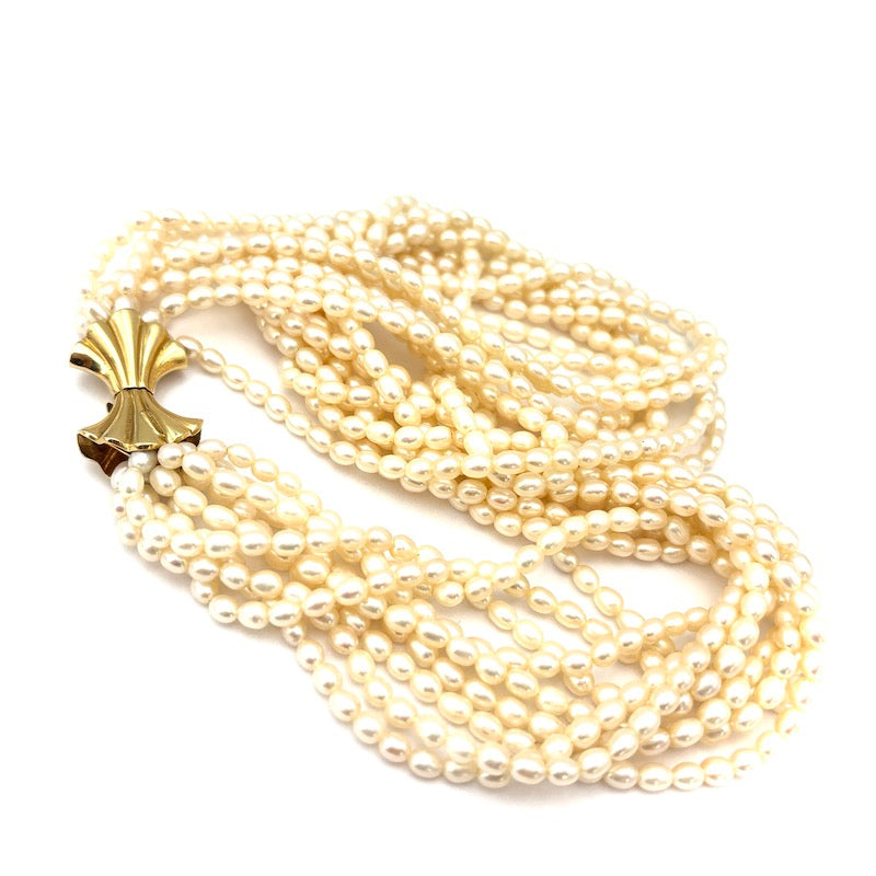 Collana torchon 9 fili microperle e fiocco oro - 54 cm; 128 gr