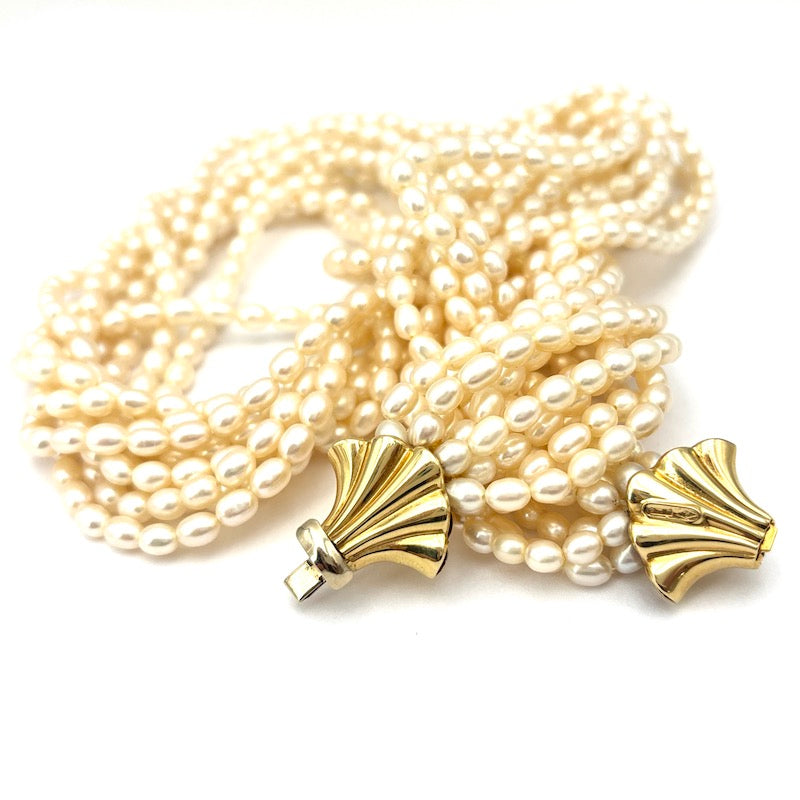 Collana torchon 9 fili microperle e fiocco oro - 54 cm; 128 gr