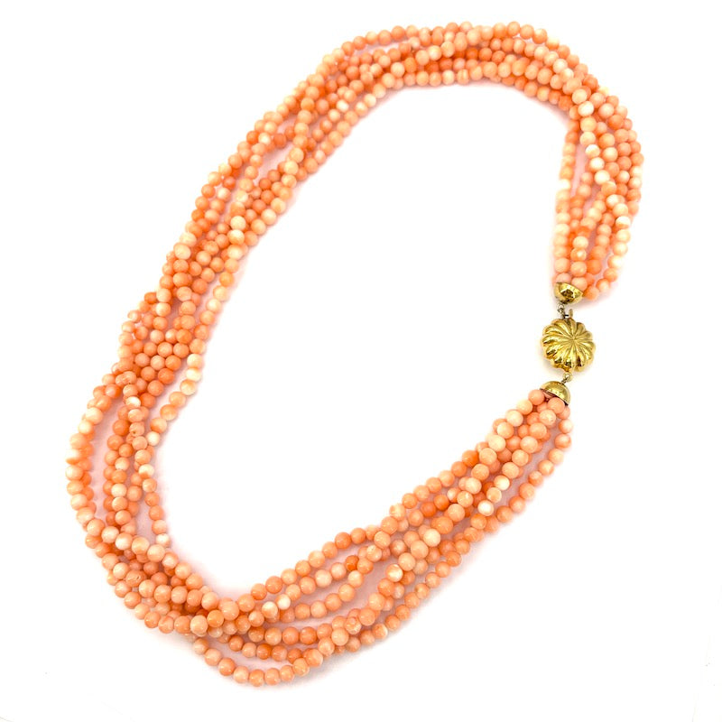 Collana torchon corallo rosa a 6 fili e oro - 109 gr