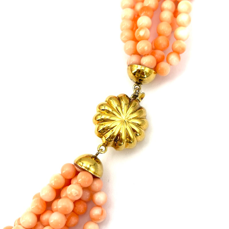 Collana torchon corallo rosa a 6 fili e oro - 109 gr