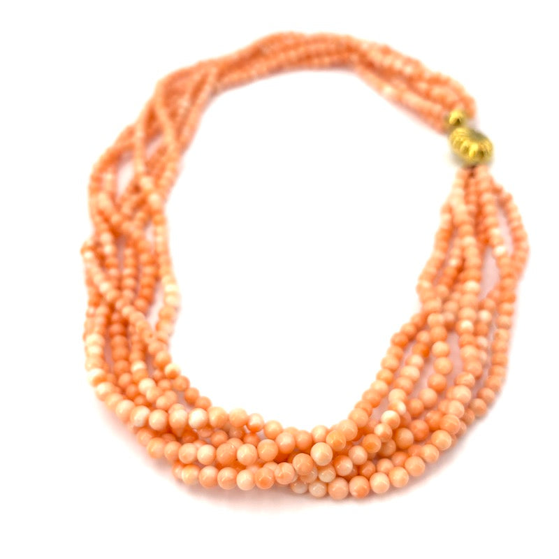 Collana torchon corallo rosa a 6 fili e oro - 109 gr