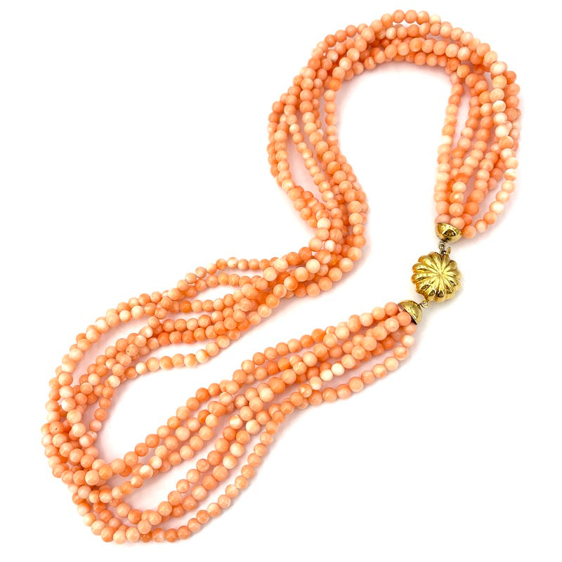 Collana torchon corallo rosa a 6 fili e oro - 109 gr