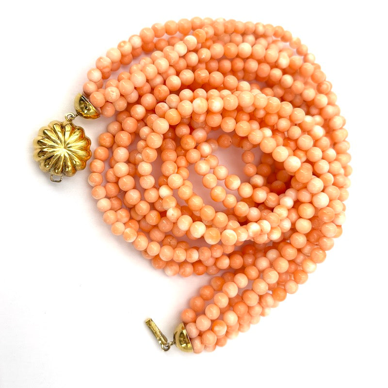 Collana torchon corallo rosa a 6 fili e oro - 109 gr