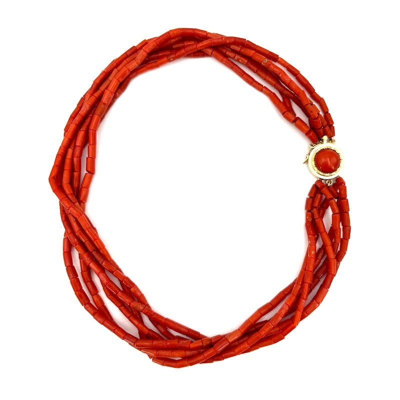 Collana torchon corallo rosso a 6 fili e oro - 50.2 gr; 39 cm