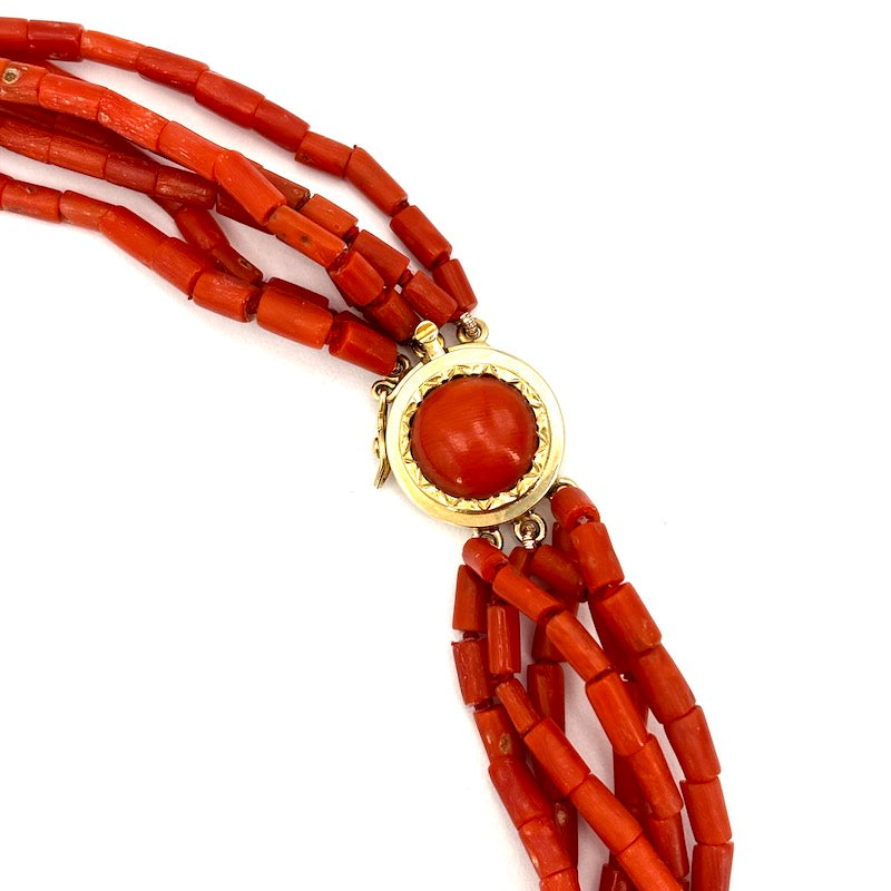 Collana torchon corallo rosso a 6 fili e oro - 50.2 gr; 39 cm