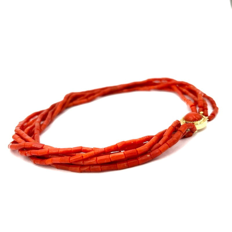 Collana torchon corallo rosso a 6 fili e oro - 50.2 gr; 39 cm