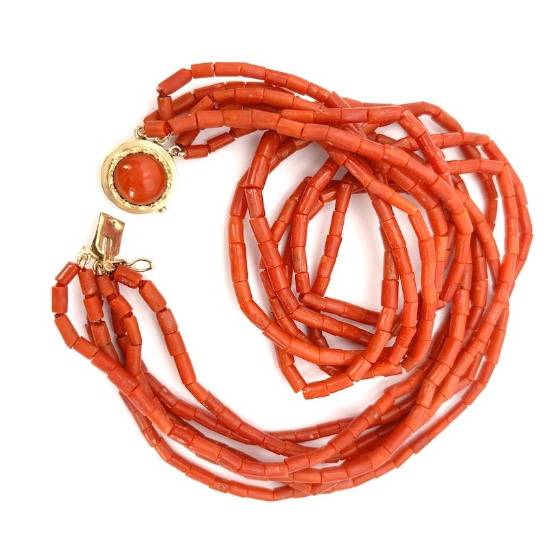Collana torchon corallo rosso a 6 fili e oro - 50.2 gr; 39 cm