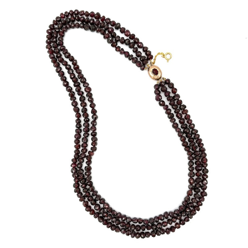Collana vintage 3 fili granato e oro, in stile - 48 cm; 99.5 gr