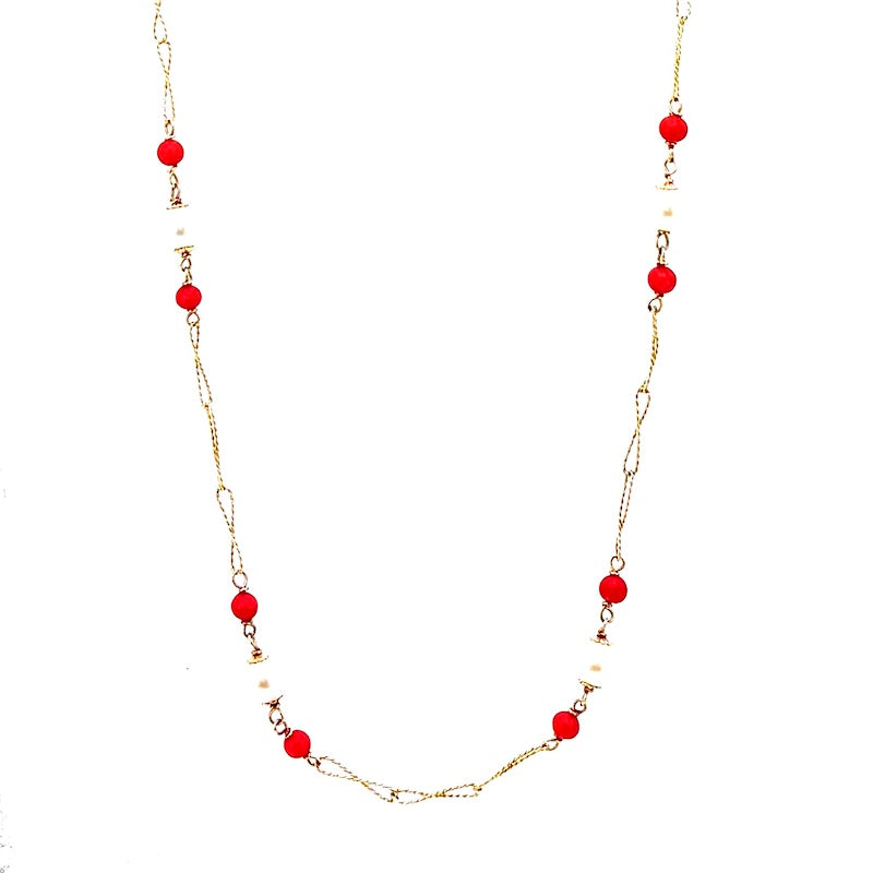 Collana vintage lunga, corallo, perle e catena alternata cordonetto oro - 85 cm; 22.19 gr