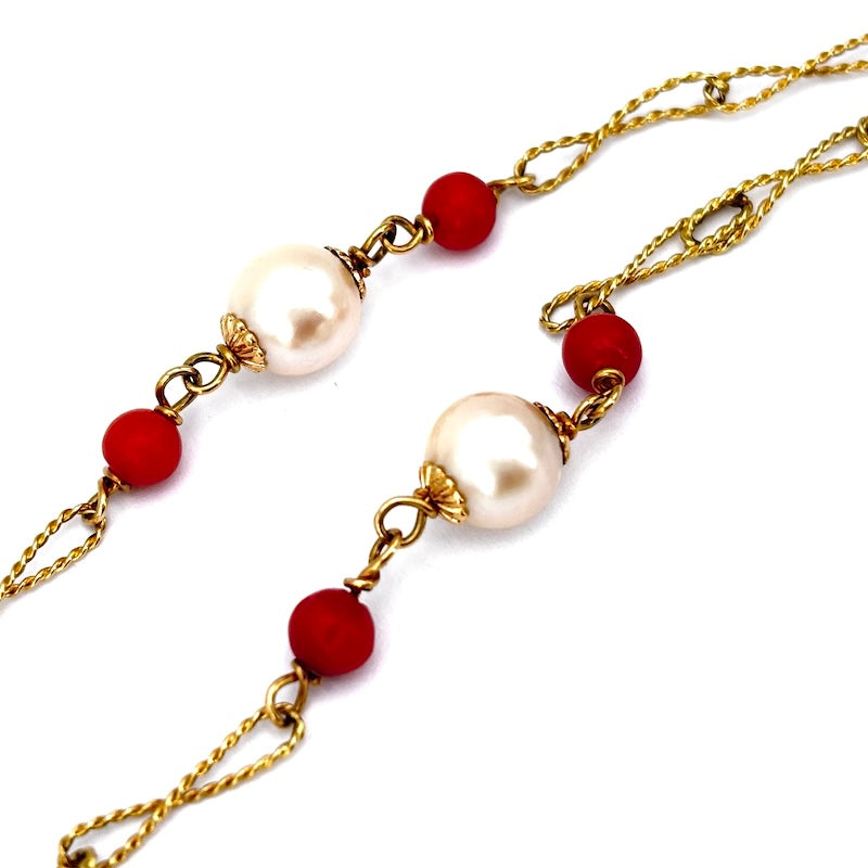 Collana vintage lunga, corallo, perle e catena alternata cordonetto oro - 85 cm; 22.19 gr