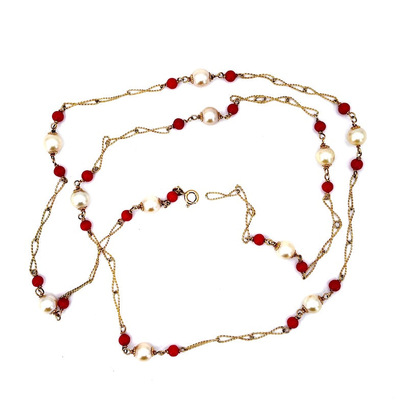 Collana vintage lunga, corallo, perle e catena alternata cordonetto oro - 85 cm; 22.19 gr